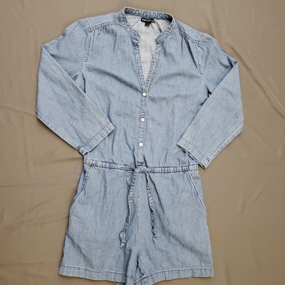 J.Crew Mercantile Blue Chambray Romper‎ Button Front Drawstring Pockets Size 0